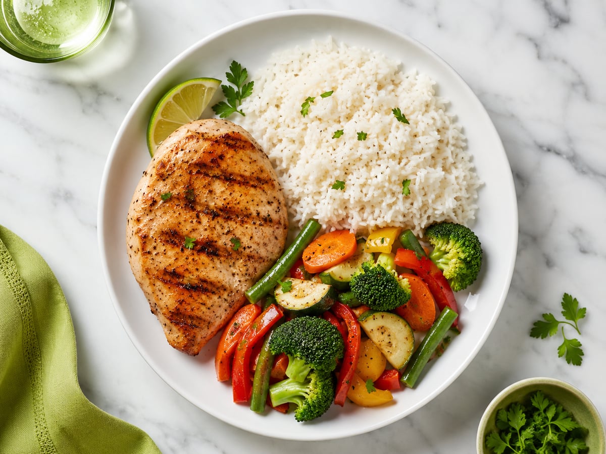 Prato equilibrado com frango grelhado, arroz branco e legumes coloridos, dividido em porções de macronutrientes